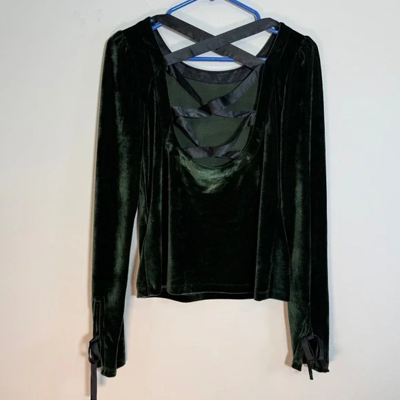 Anthropologie Green Velvet Ribbon Trimmed Open Back Long Sleeve Top Womens Small - Picture 2 of 6